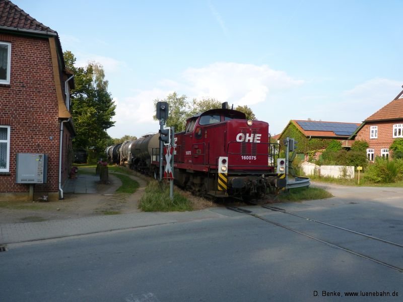 Zug durchfährt den Toppenstedter Bahnhof luhebahngal039